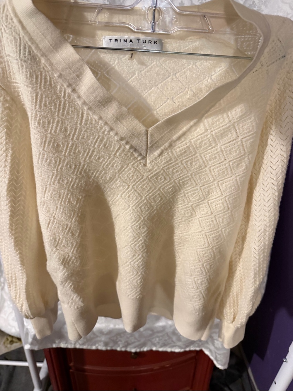 Trina Turk Cream Diamond-Texture V-Neck Sweater